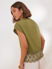 Friends Like These Olive Green Borderie Hem Detail Top - Image 4 of 4