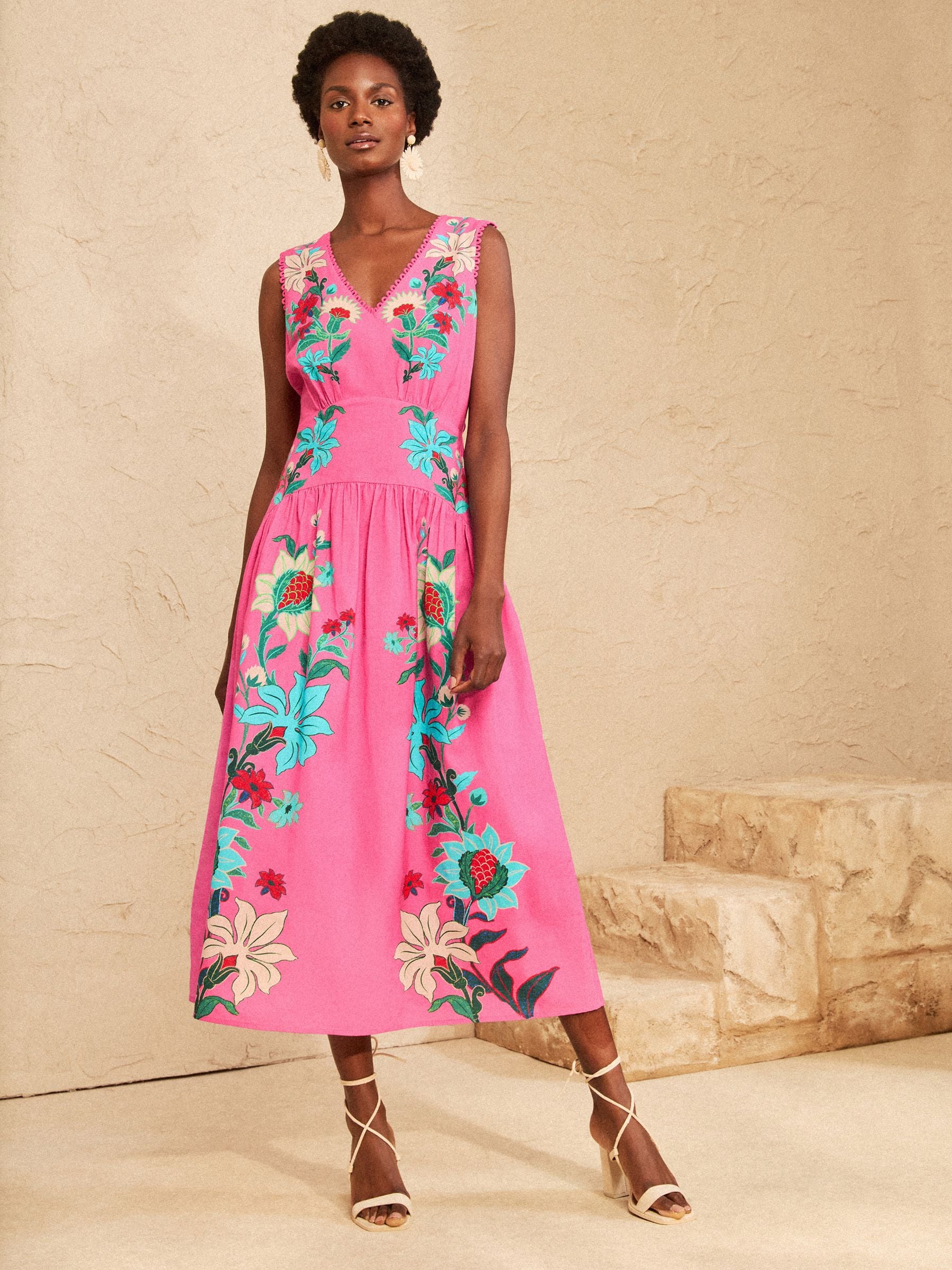 Buy Love & Roses Pink Floral Linen V-Neck Drop Waist Midi Dress