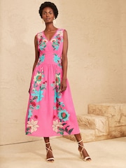 Love & Roses Pink Floral Linen V-Neck Drop Waist Midi Dress - Image 1 of 4