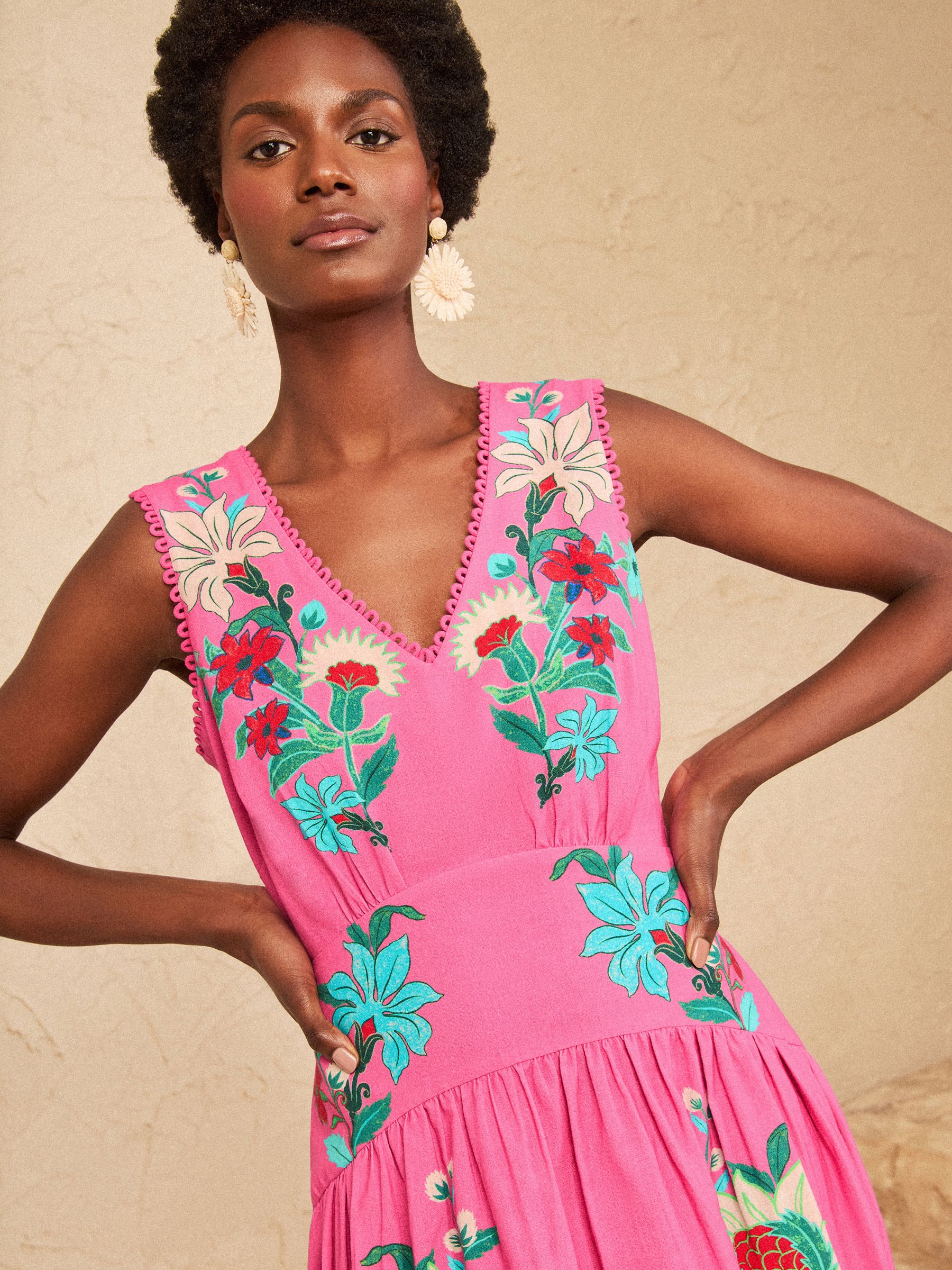 Buy Love & Roses Pink Floral Linen V-Neck Drop Waist Midi Dress