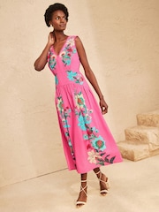 Love & Roses Pink Floral Linen V-Neck Drop Waist Midi Dress - Image 3 of 4