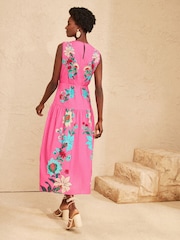 Love & Roses Pink Floral Linen V-Neck Drop Waist Midi Dress - Image 4 of 4