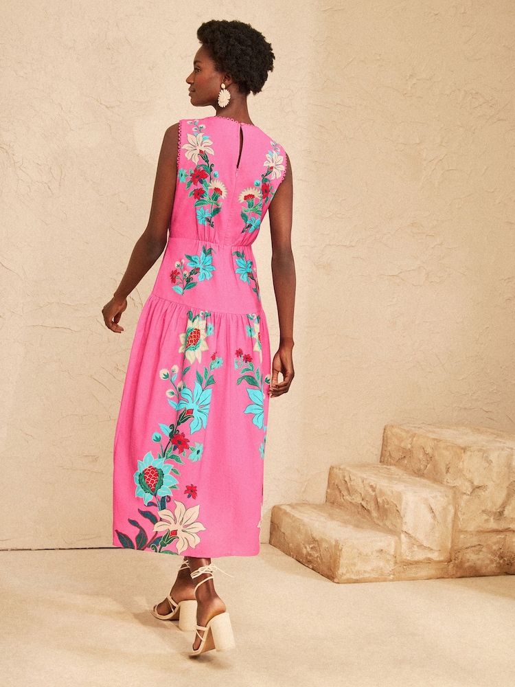 Love & Roses Pink Floral Linen V-Neck Drop Waist Midi Dress - Image 4 of 4