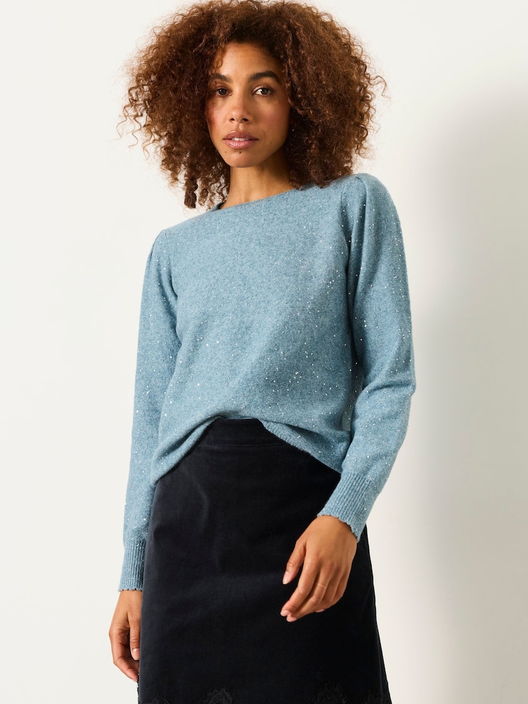 Ljus Blå - FatFace Knitted Sequin Sparkle Frill Cuff Jumper - Bild 1 av 5