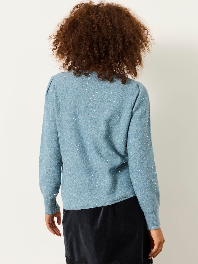 Ljus Blå - FatFace Knitted Sequin Sparkle Frill Cuff Jumper - Bild 2 av 5