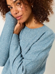 Ljus Blå - FatFace Knitted Sequin Sparkle Frill Cuff Jumper - Bild 3 av 5