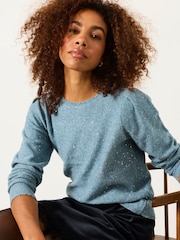 Ljus Blå - FatFace Knitted Sequin Sparkle Frill Cuff Jumper - Bild 5 av 5