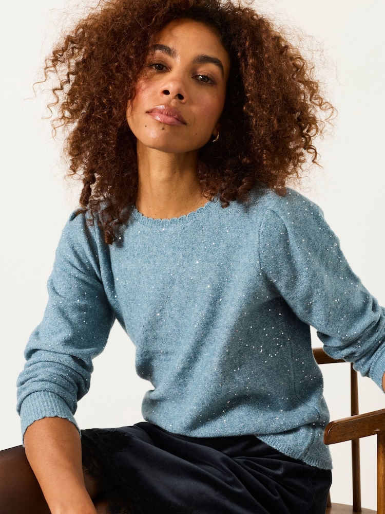 Ljus Blå - FatFace Knitted Sequin Sparkle Frill Cuff Jumper - Bild 5 av 5