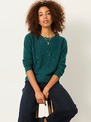 Jade Grön - FatFace Knitted Sequin Sparkle Frill Cuff Jumper - Bild 1 av 5