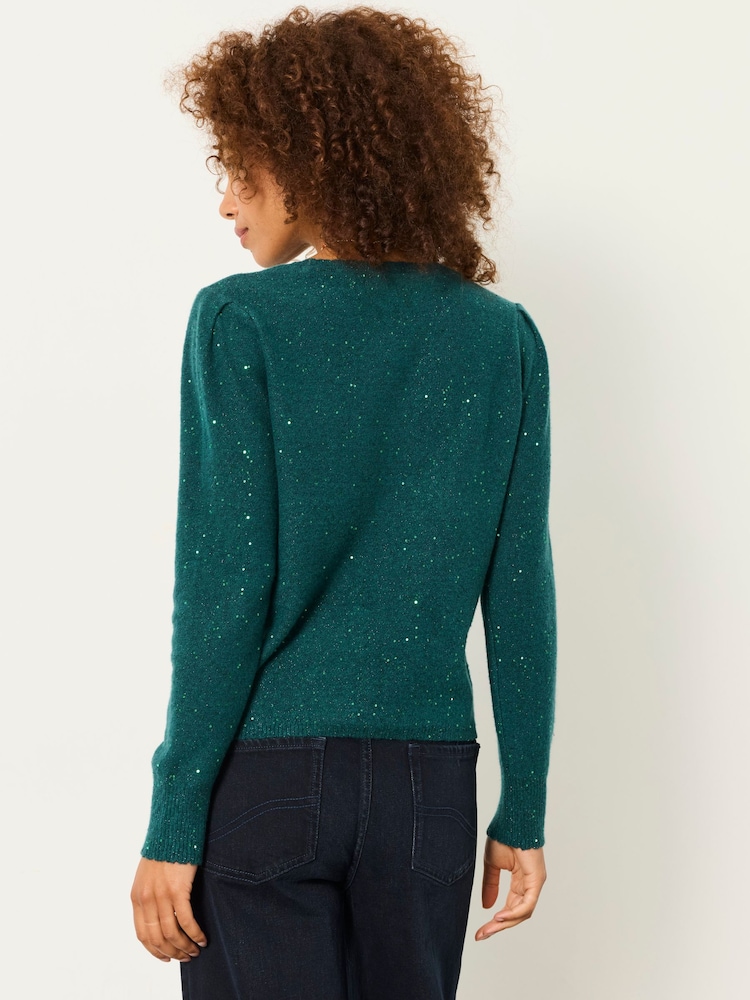 Jade Grön - FatFace Knitted Sequin Sparkle Frill Cuff Jumper - Bild 2 av 5