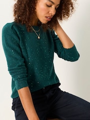 Jade Grön - FatFace Knitted Sequin Sparkle Frill Cuff Jumper - Bild 3 av 5