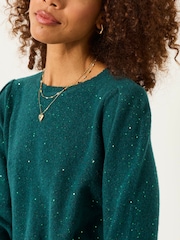 Jade Grön - FatFace Knitted Sequin Sparkle Frill Cuff Jumper - Bild 4 av 5