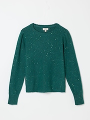 Jade Grön - FatFace Knitted Sequin Sparkle Frill Cuff Jumper - Bild 5 av 5