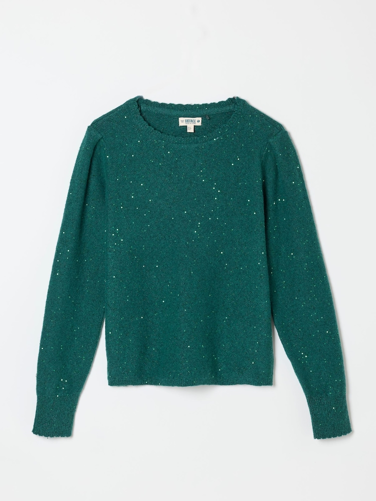 Jade Grön - FatFace Knitted Sequin Sparkle Frill Cuff Jumper - Bild 5 av 5