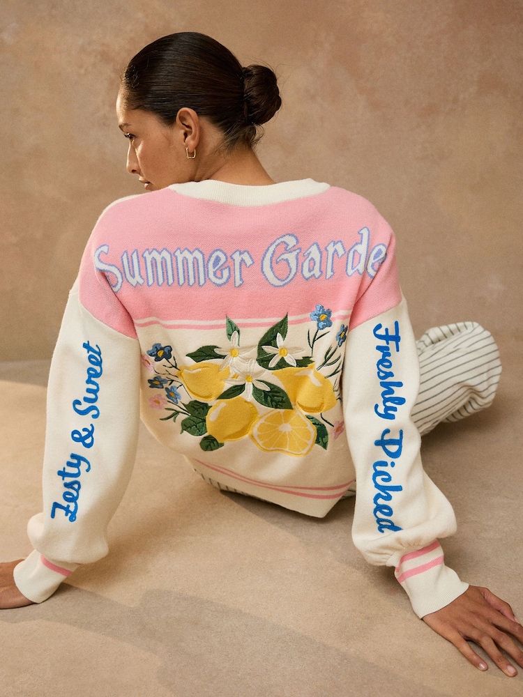 Ecru/ Pink Lemon Graphic Knit Look Sweatshirt - Image 1 of 4 Ecru/ Pink Lemon Graphic Knit Look Sweatshirt - Image 1 of 4