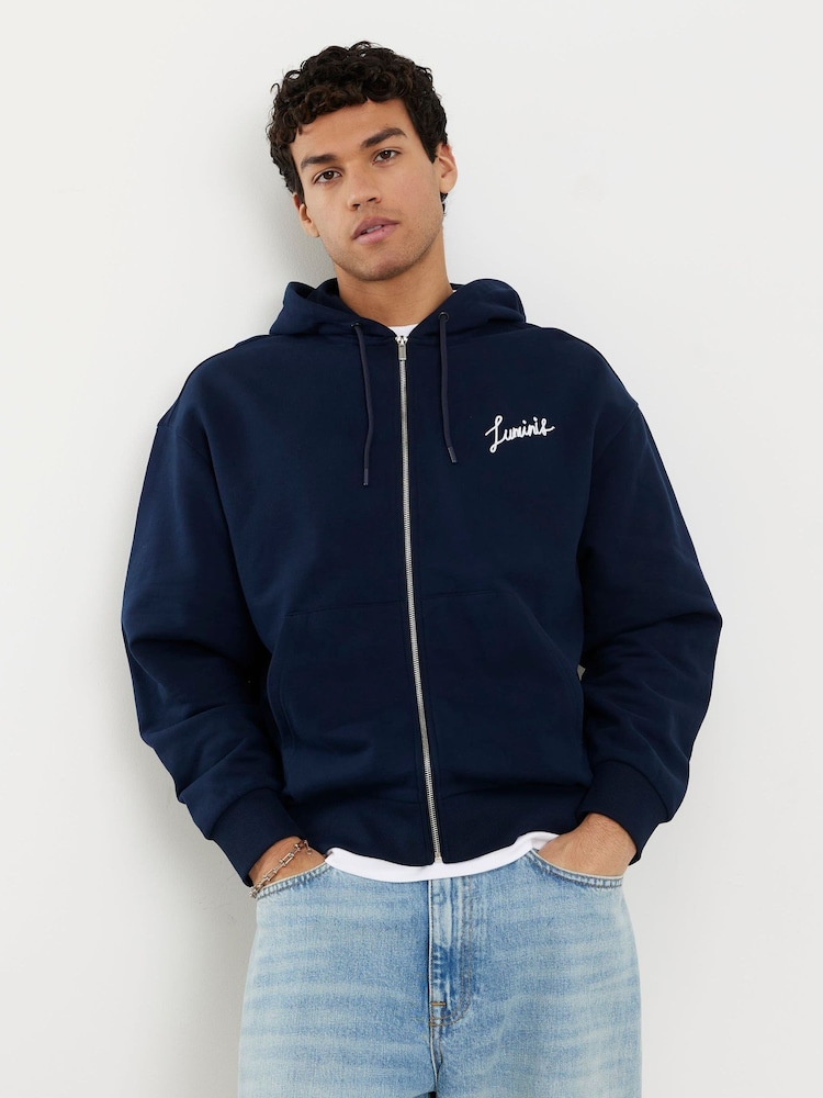 River Island Navy Oversized Luminous Script Zip Through Hoodie - Image 2 of 4