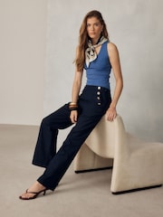Navy Blue Linen Rich Wide Leg Trousers With Gold Buttons - Image 1 of 8