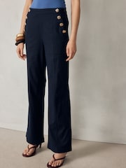 Navy Blue Linen Rich Wide Leg Trousers With Gold Buttons - Image 2 of 8