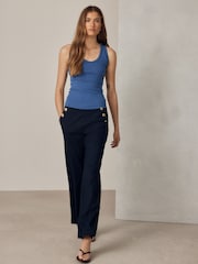 Navy Blue Linen Rich Wide Leg Trousers With Gold Buttons - Image 3 of 8