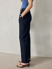 Navy Blue Linen Rich Wide Leg Trousers With Gold Buttons - Image 4 of 8