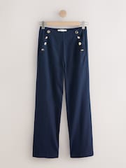 Navy Blue Linen Rich Wide Leg Trousers With Gold Buttons - Image 6 of 8