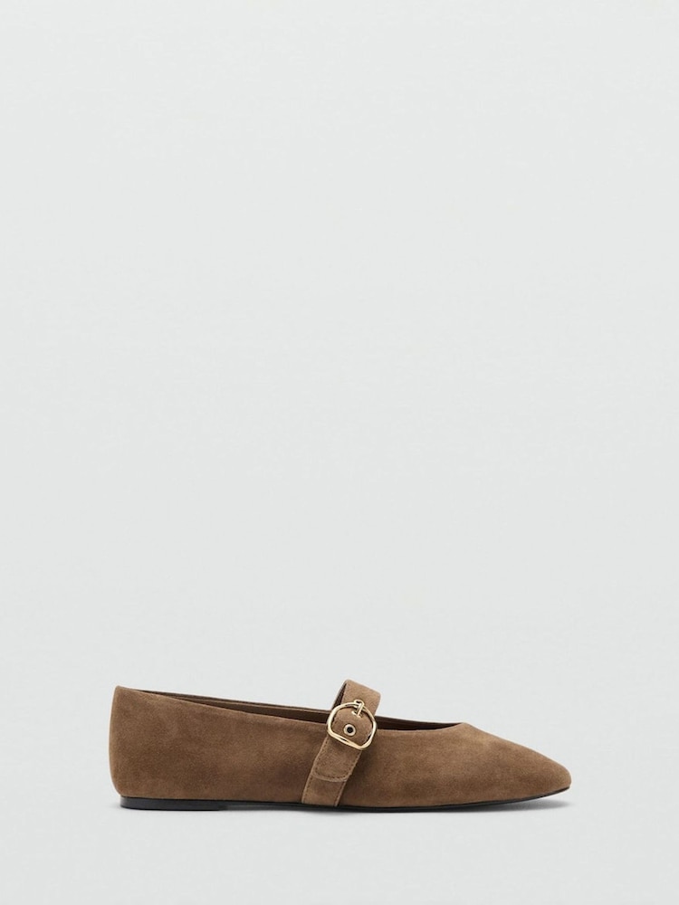 Mango Brown Suede Buckle Strap Ballet Flats - Image 1 of 3