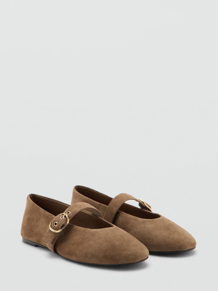 Mango Brown Suede Buckle Strap Ballet Flats - Image 2 of 3