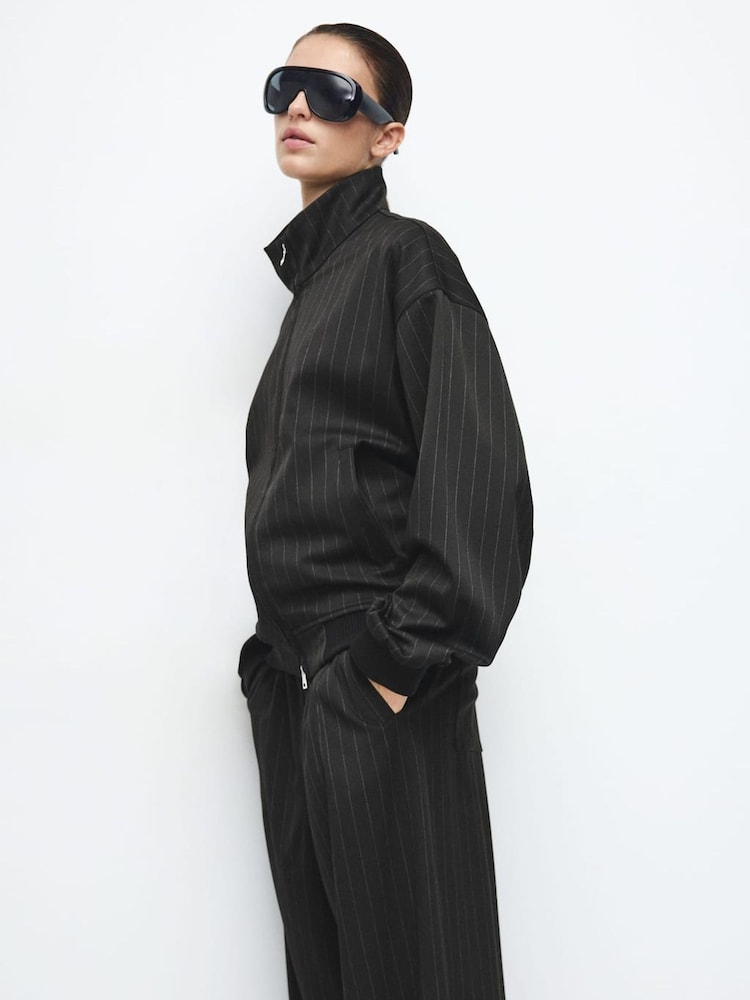Mango Black Pinstipe Funnel Neck Jacket - Image 2 of 6