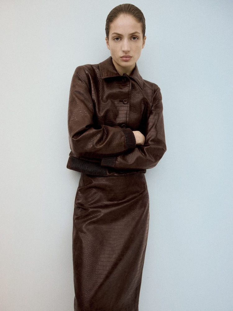 Mango Brown Croc Effect Leather Look Jacket - Image 1 of 6