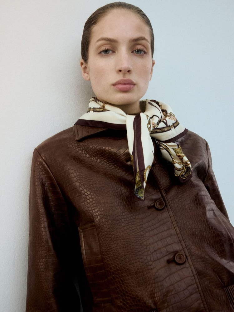 Mango Brown Croc Effect Leather Look Jacket - Image 2 of 6
