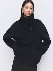 Mango Navy Wool Blend Funnel Neck Coat - Image 1 of 7