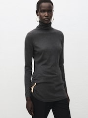 Mango Grey Roll Neck Gold Detail Longline Jumper - Image 10 of 12