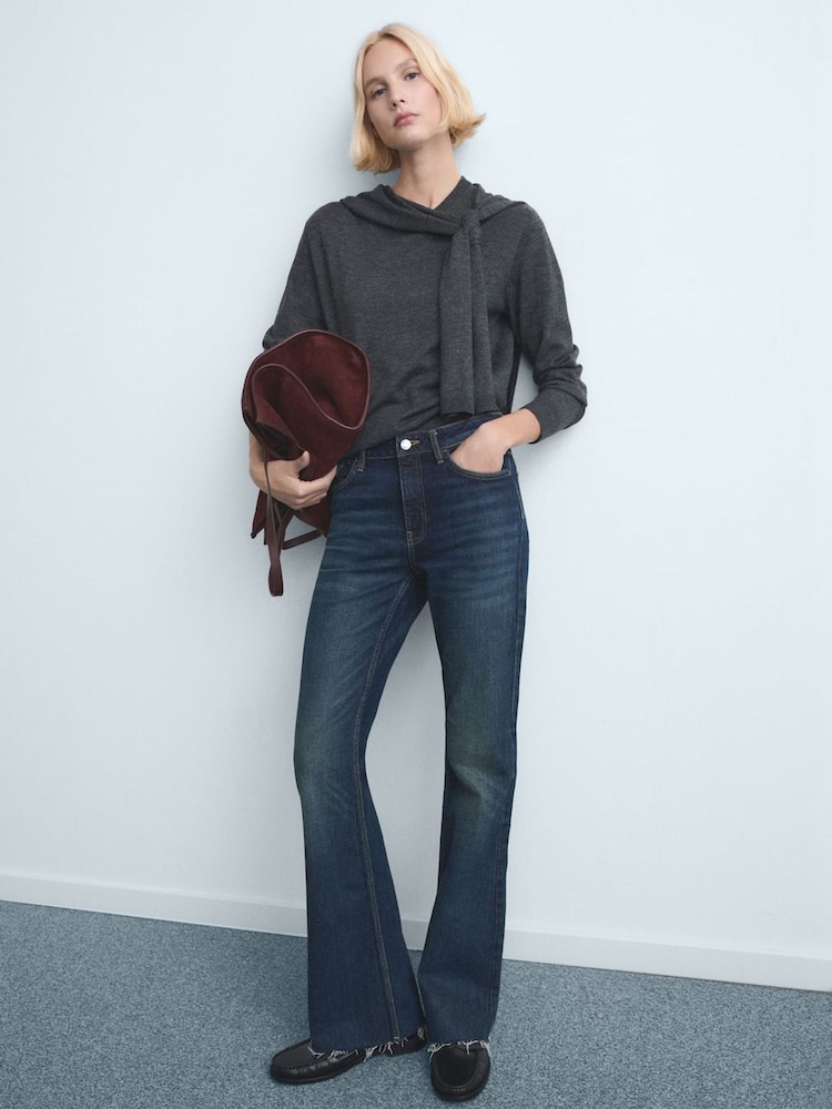 Mango Dark Blue Mid Rise Flare Jeans - Image 1 of 6 Mango Dark Blue Mid Rise Flare Jeans - Image 1 of 6
