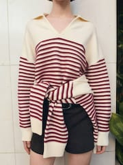 Mango White V-Neck Stripe Jumper - Image 3 of 5