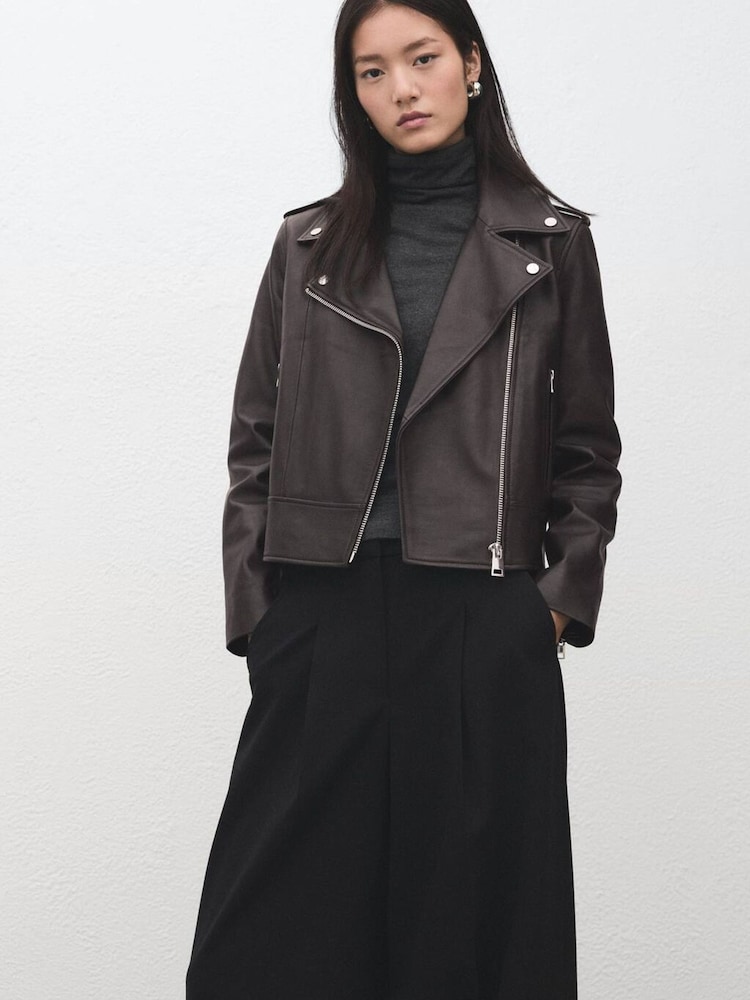 Mango Brown Leather Biker Jacket - Image 1 of 7