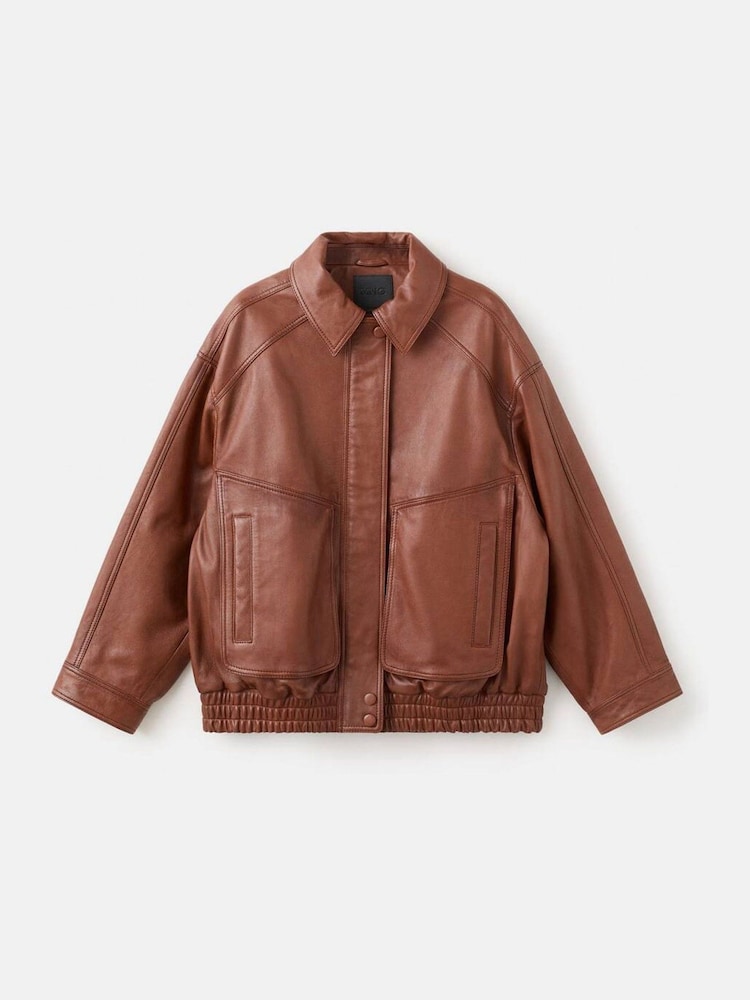 Mango Brown Leather Elasticated Waist Jacket - Image 1 of 2