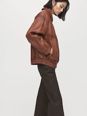 Mango Brown Leather Elasticated Waist Jacket - Image 3 of 6