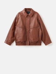 Mango Brown Leather Elasticated Waist Jacket - Image 5 of 6