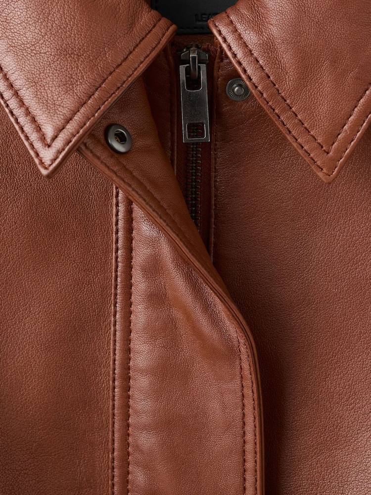 Mango Brown Leather Elasticated Waist Jacket - Image 6 of 6