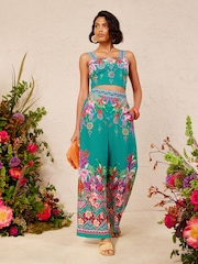Love & Roses X V&A Green Floral Placement Print Crop Top - Image 1 of 5