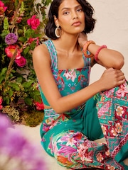 Love & Roses X V&A Green Floral Placement Print Crop Top - Image 4 of 5