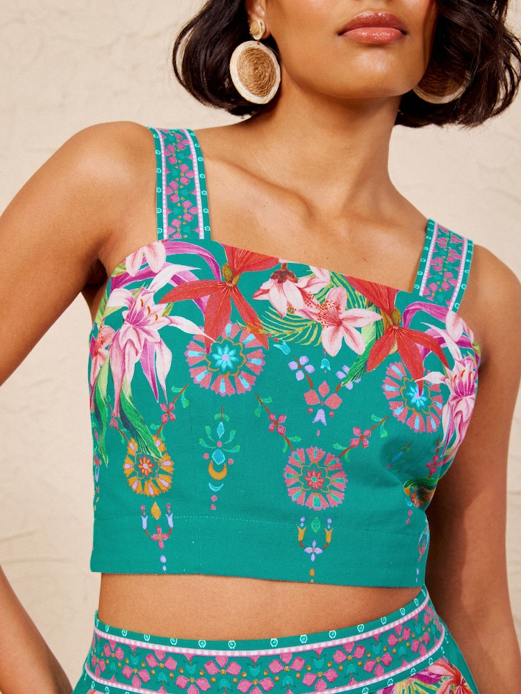 Love & Roses X V&A Green Floral Placement Print Crop Top - Image 5 of 5