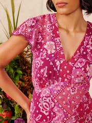 Love & Roses Pink Floral Printed Tie Front T-Shirt Top - Image 4 of 5