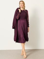 FatFace Eva Wine Petite Pleated Midi Dress - Image 1 of 7