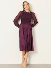 FatFace Eva Wine Petite Pleated Midi Dress - Image 3 of 7