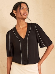 Love & Roses Black Beaded Trim V-Neck Blouse - Image 1 of 4