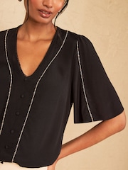 Love & Roses Black Beaded Trim V-Neck Blouse - Image 2 of 4
