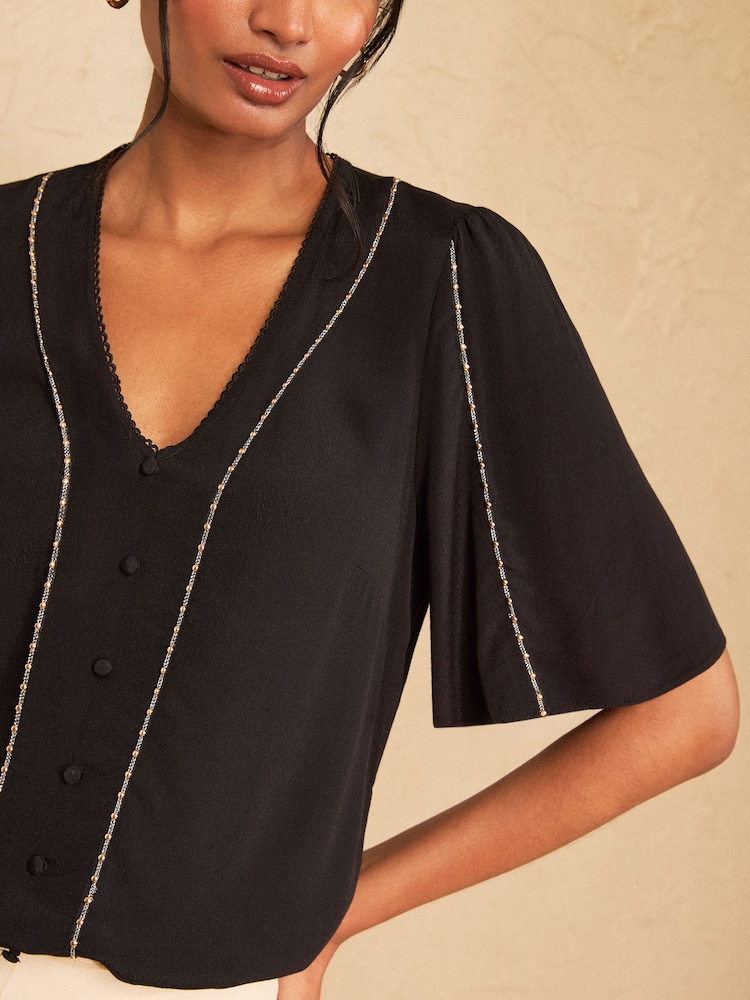 Love & Roses Black Petite Beaded Trim V-Neck Blouse - Image 2 of 4