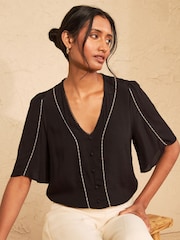 Love & Roses Black Petite Beaded Trim V-Neck Blouse - Image 4 of 4