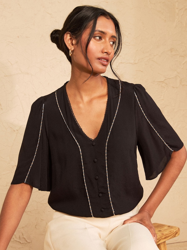 Love & Roses Black Petite Beaded Trim V-Neck Blouse - Image 4 of 4